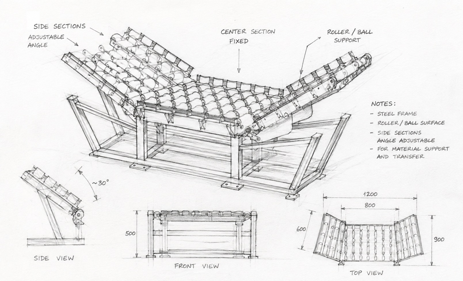 Hand-drawn concept sketch of the custom lift adapter, with dimensions and mechanism notes